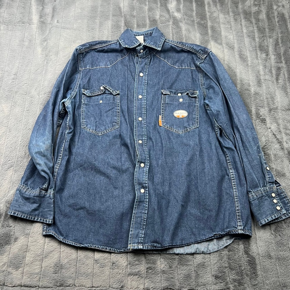 Rasco FR Mens Large Blue Denim Flame Resistant Western Work Shirt DFR751